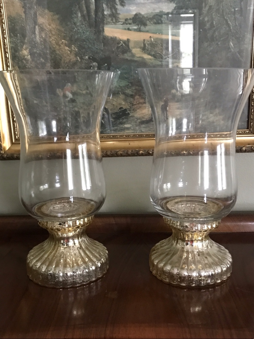 Gold colored Mercury Glass Hurricanes, Set of 2